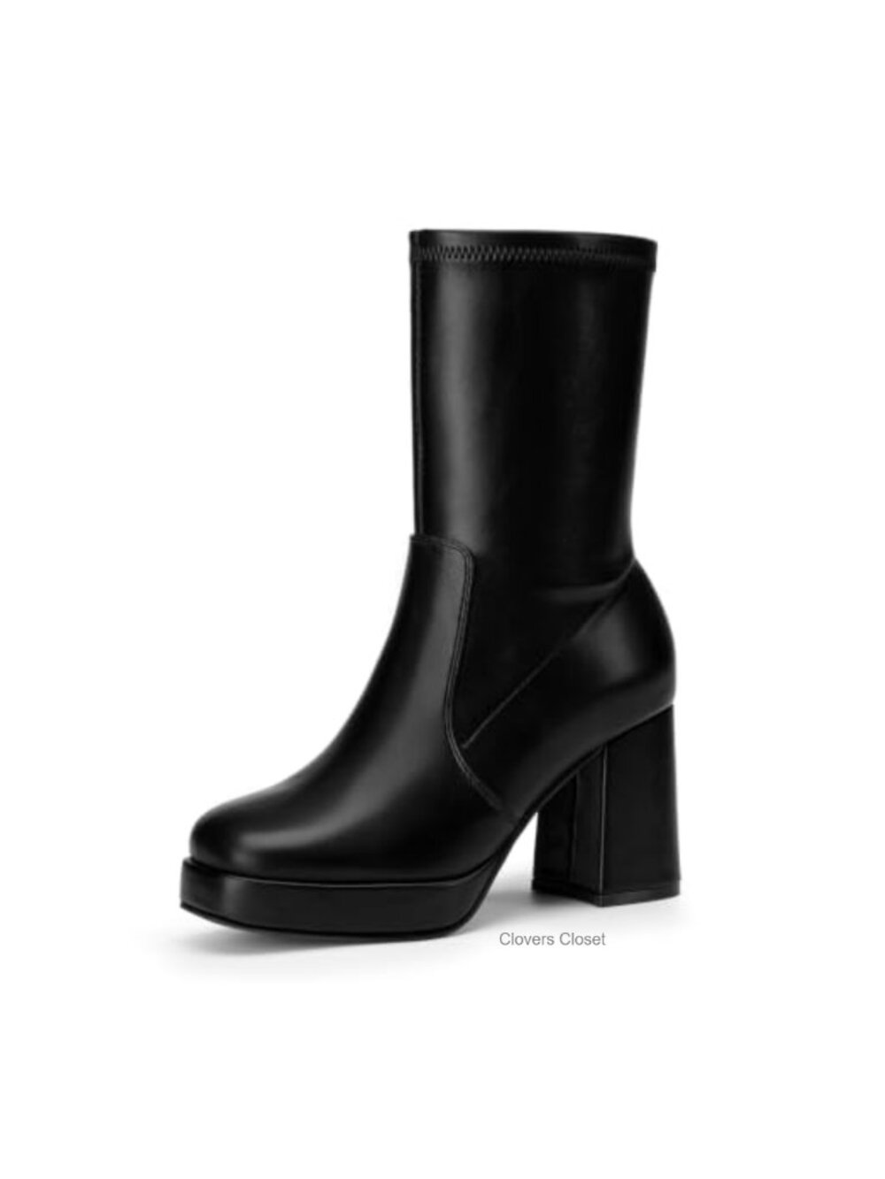 Mid Calf Platform Boots Chunky Block Heel Stretch PU Women's Fall Winter